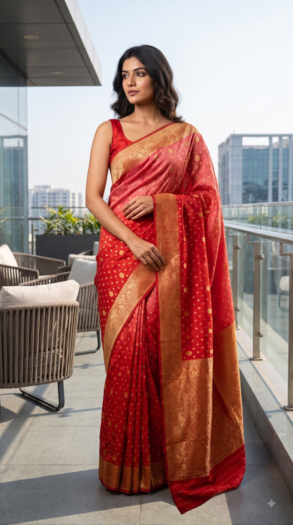 Crepe Banarasi Silk with Ombre Shades & Contrast Border-Red