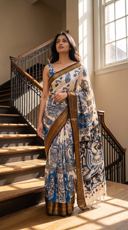 Kanchi Border Kalamkari Silk Saree - Beige with Blue