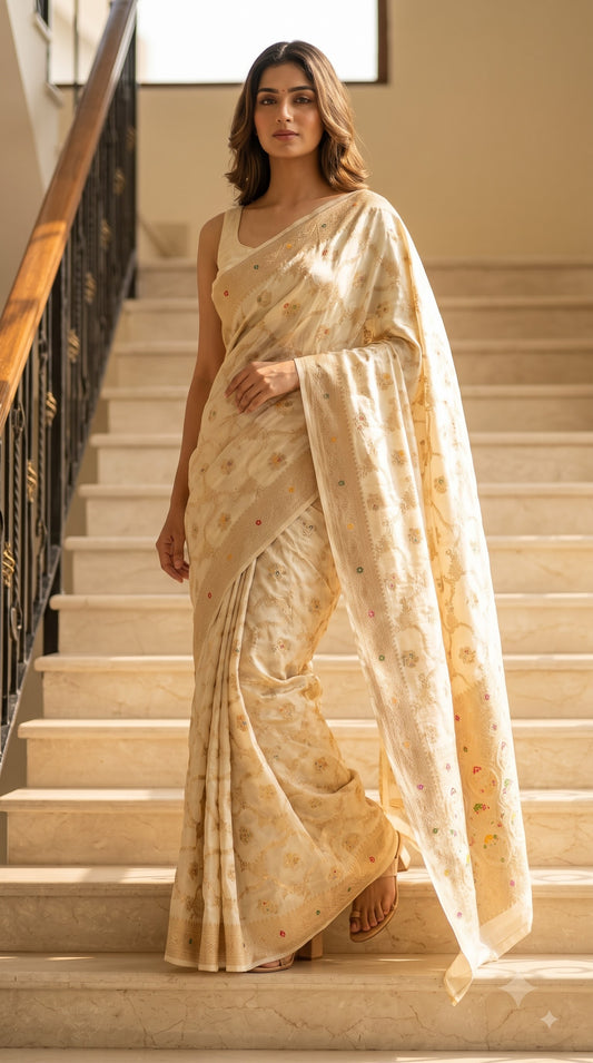 Banarasi Silk Saree with Meenakari Jaal Design-Cream