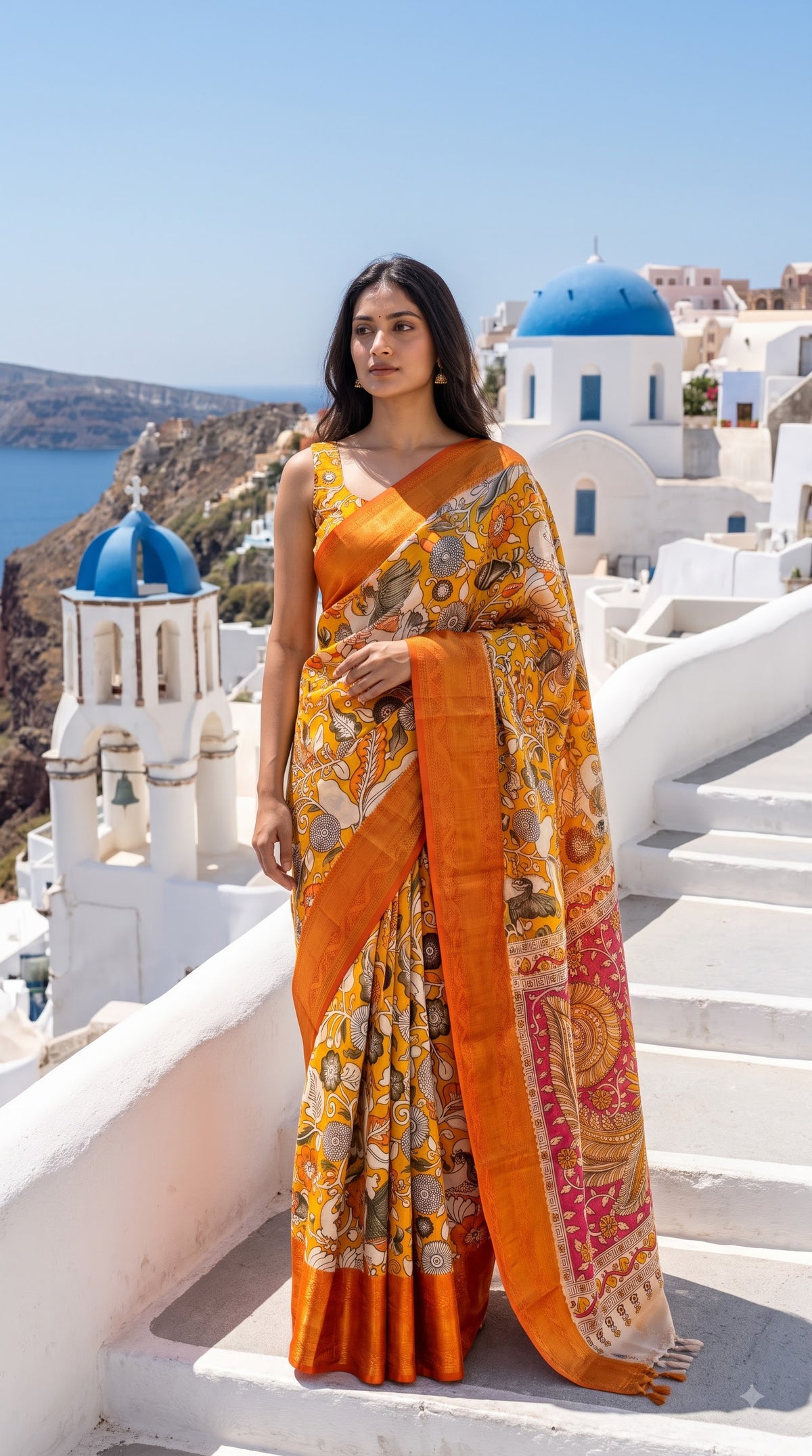 Kanchi Border Kalamkari Silk Saree - Yellow with Orange