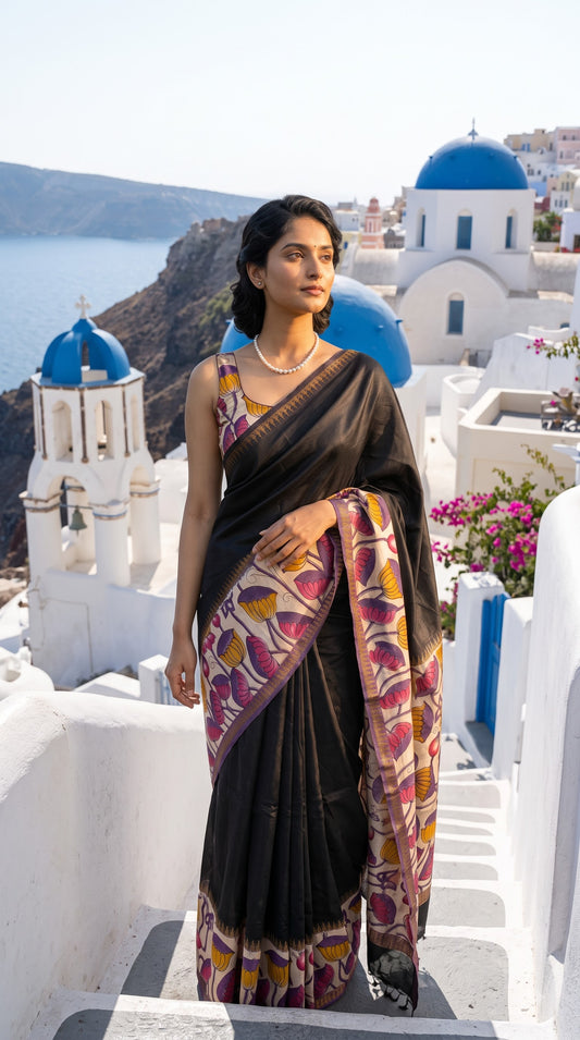 Plain Silk Saree with Kalamkari Gap Border - Black with Purple