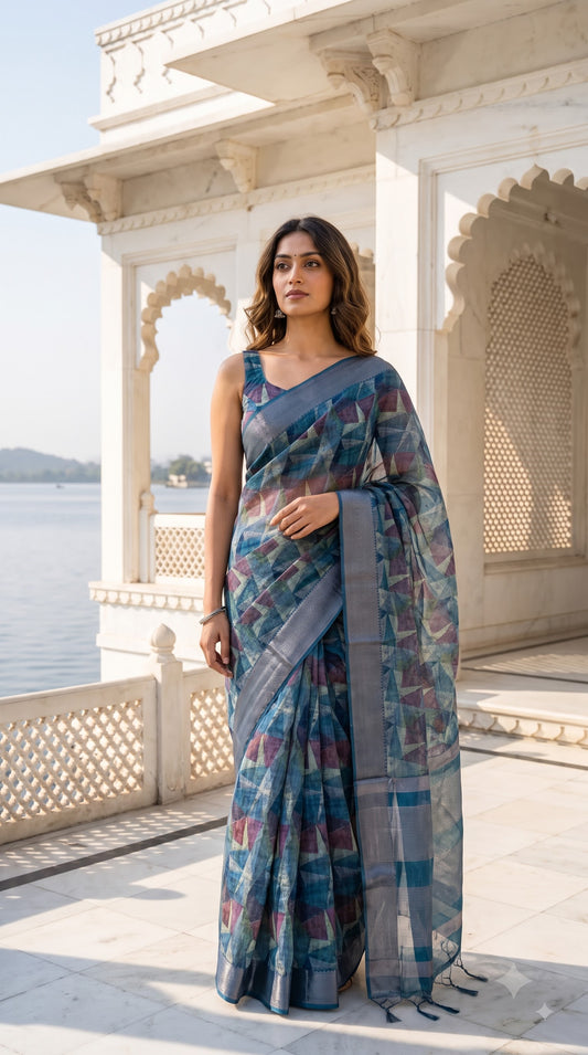 Organza Saree with Abstract Print - Blue