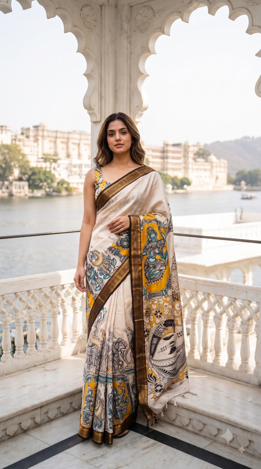 Figure Motif Kalamkari Silk Saree - Beige with Yellow