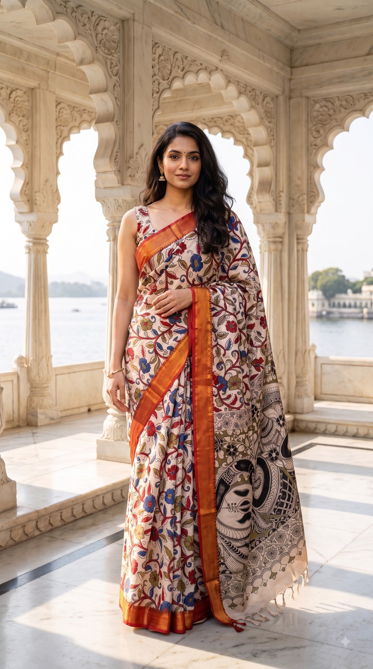 Kalamkari Printed Silk Saree with Border - Beige with Red