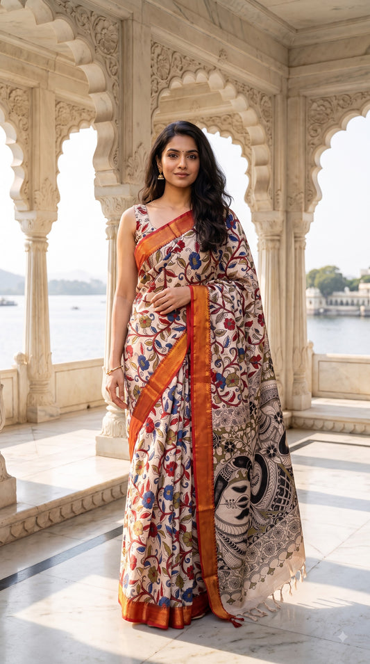 Kalamkari Printed Silk Saree with Border - Beige with Red