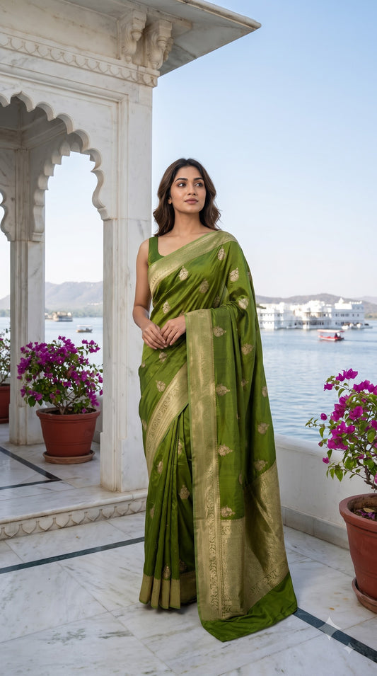 Banarasi Silk Saree-Mehndi Green with Pista Green Border
