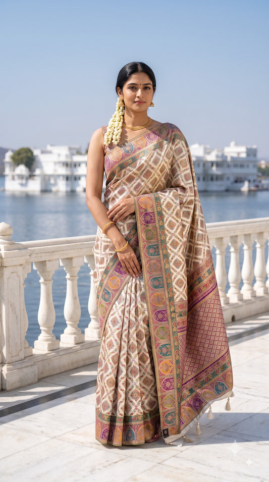 Pure Kani Silk Saree with Jaal Design - Cream