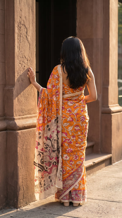 Printed Kalamkari Silk Saree - Orange & Pink