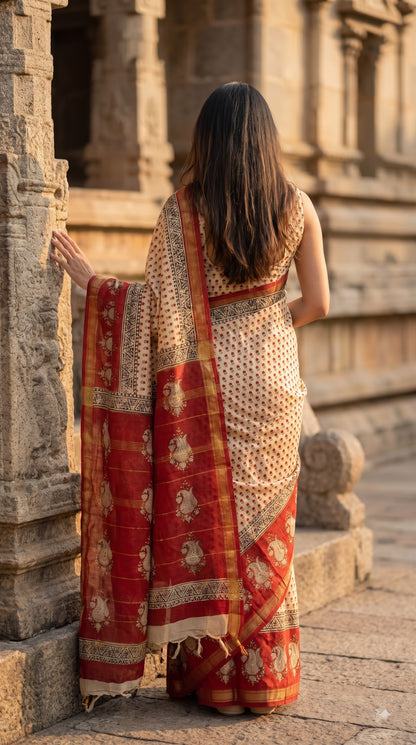Maheshwari Silk Saree with Handblock Print - Beige & Red
