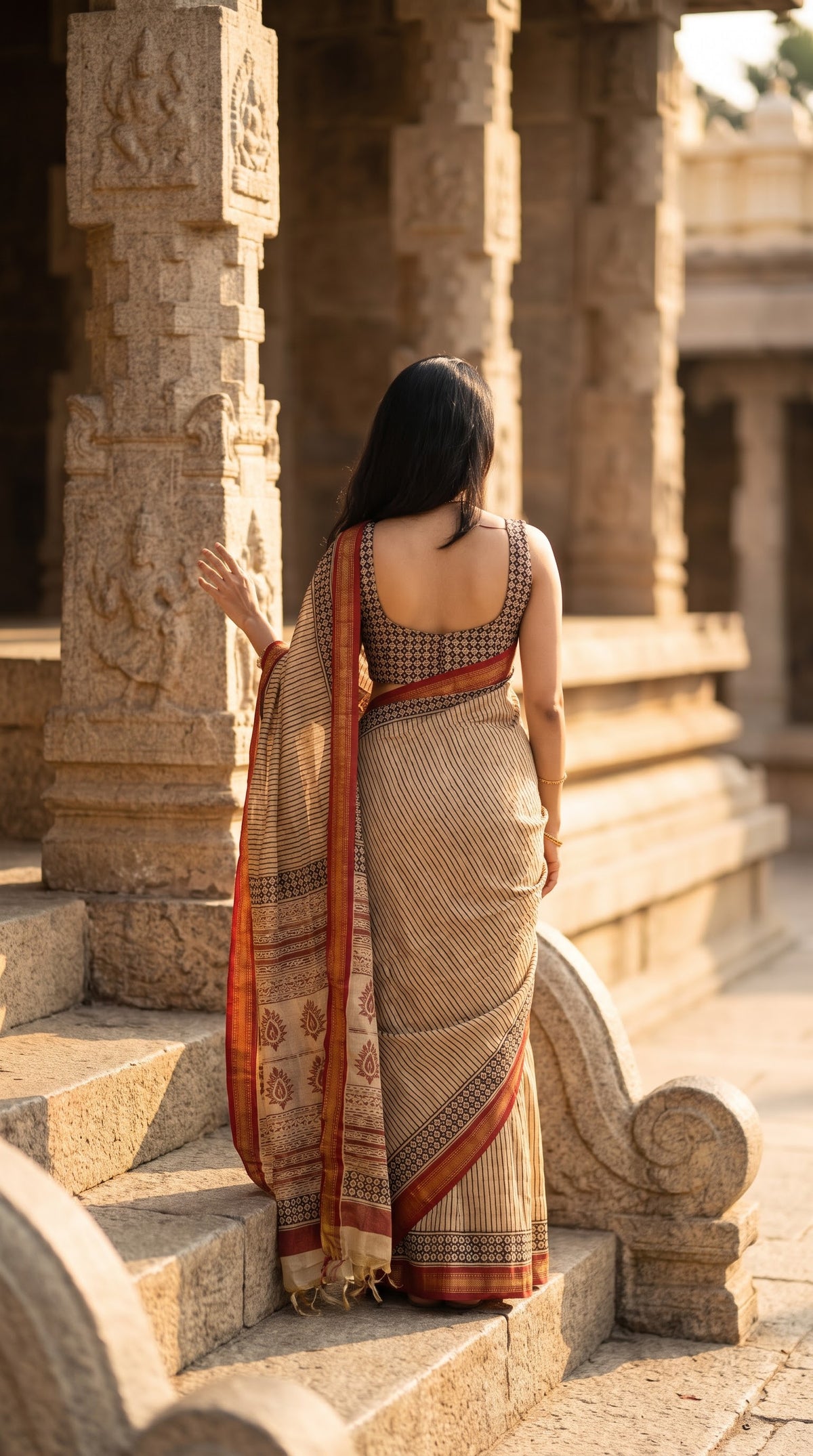 Maheshwari Silk Saree with Stripes - Beige with Red