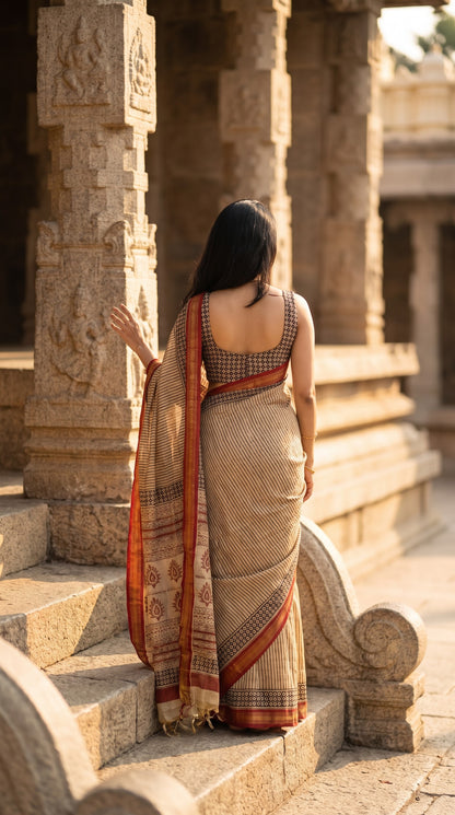 Maheshwari Silk Saree with Stripes - Beige with Red