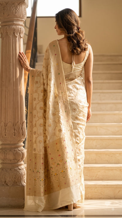 Banarasi Silk Saree with Meenakari Jaal Design-Cream