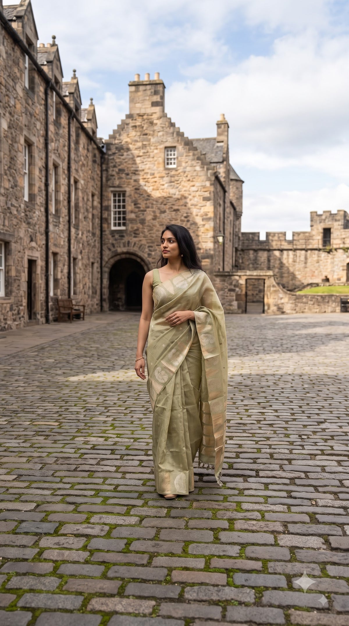 Tissue Silk Saree with Temple Border - Pista Green