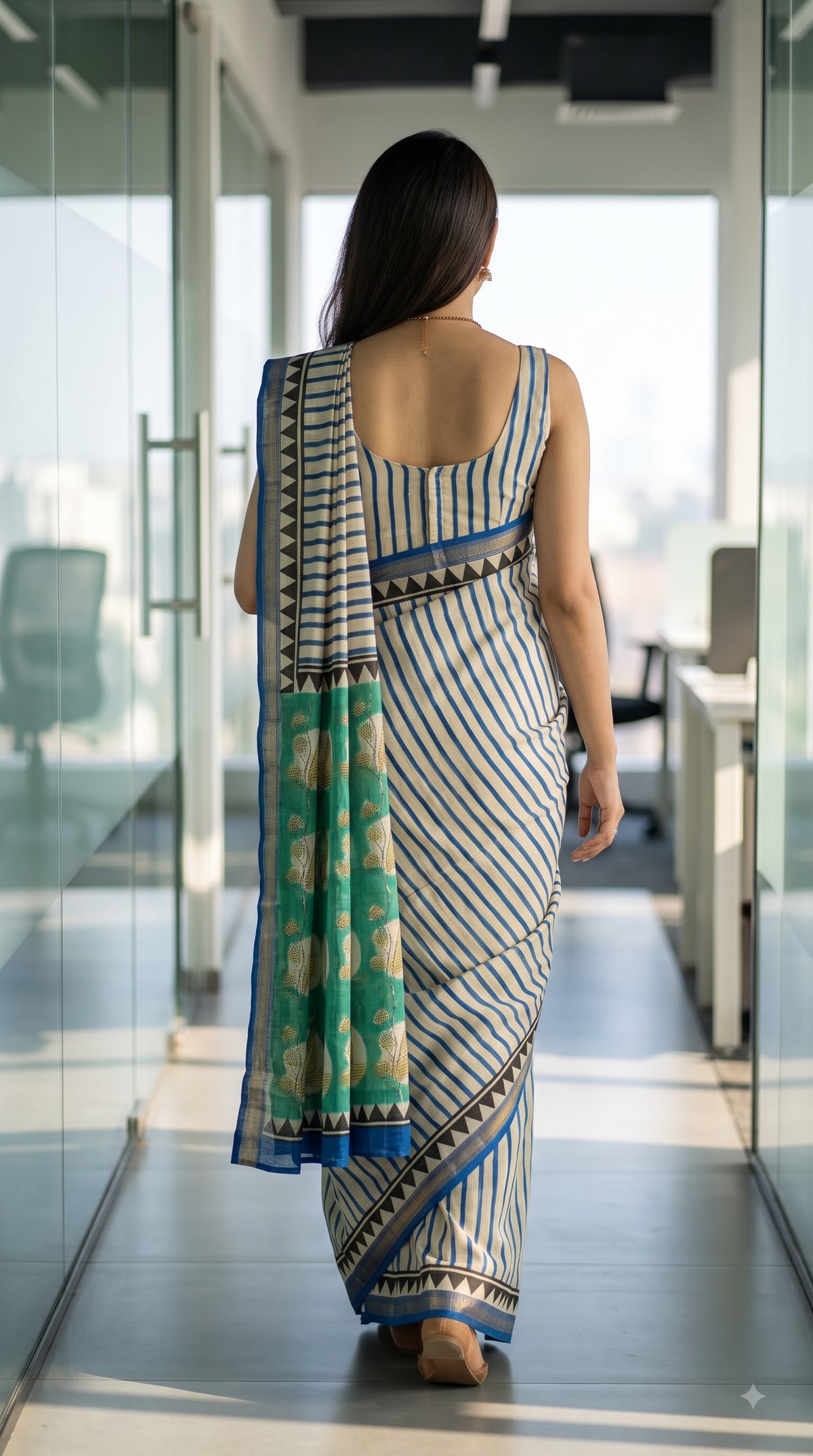 Maheshwari Silk Saree with Stripes with Green Handblock Pallu - Beige