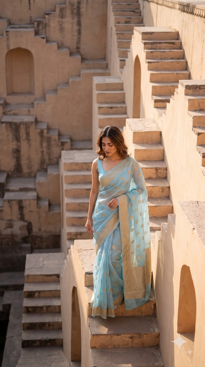 Georgette Saree with Banarsi Border-Sky Blue