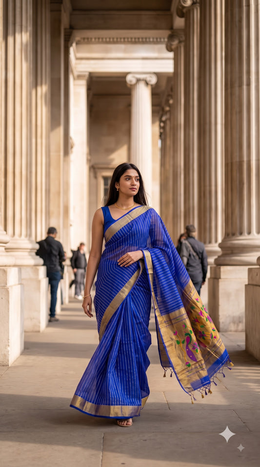Organza Saree with Paithani Pallu - Royal Blue
