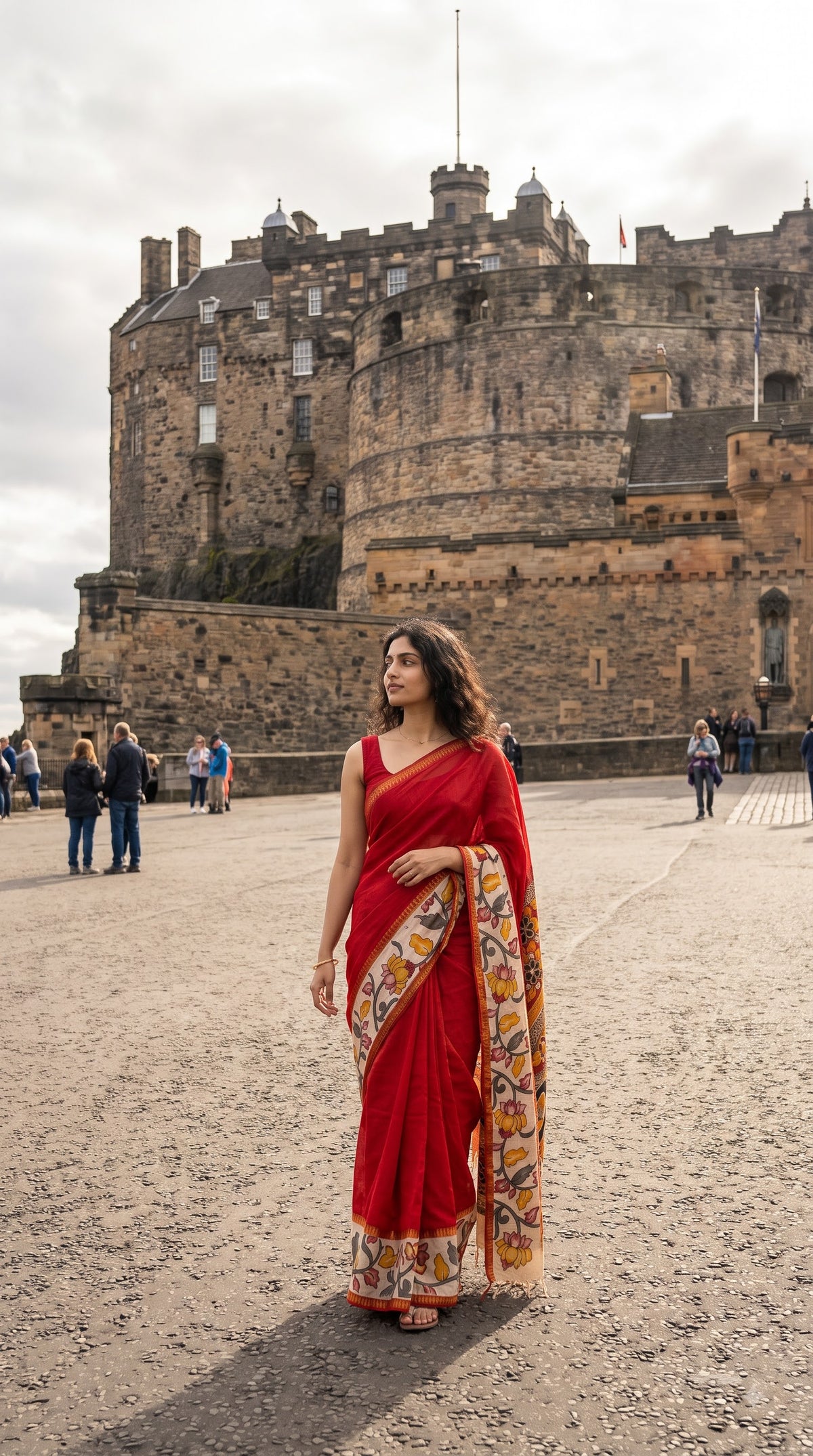 Plain Silk Saree with Kalamkari Gap Border - Red