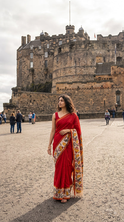 Plain Silk Saree with Kalamkari Gap Border - Red