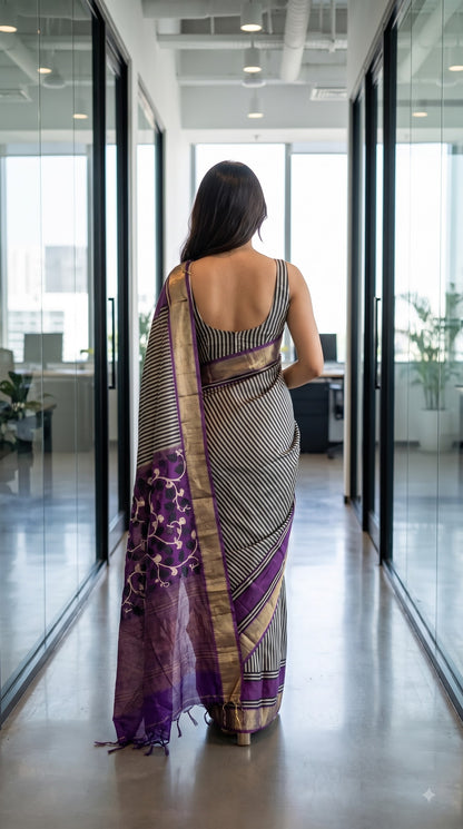 Silk with Stripes & Kalamkari Pallu - Purple