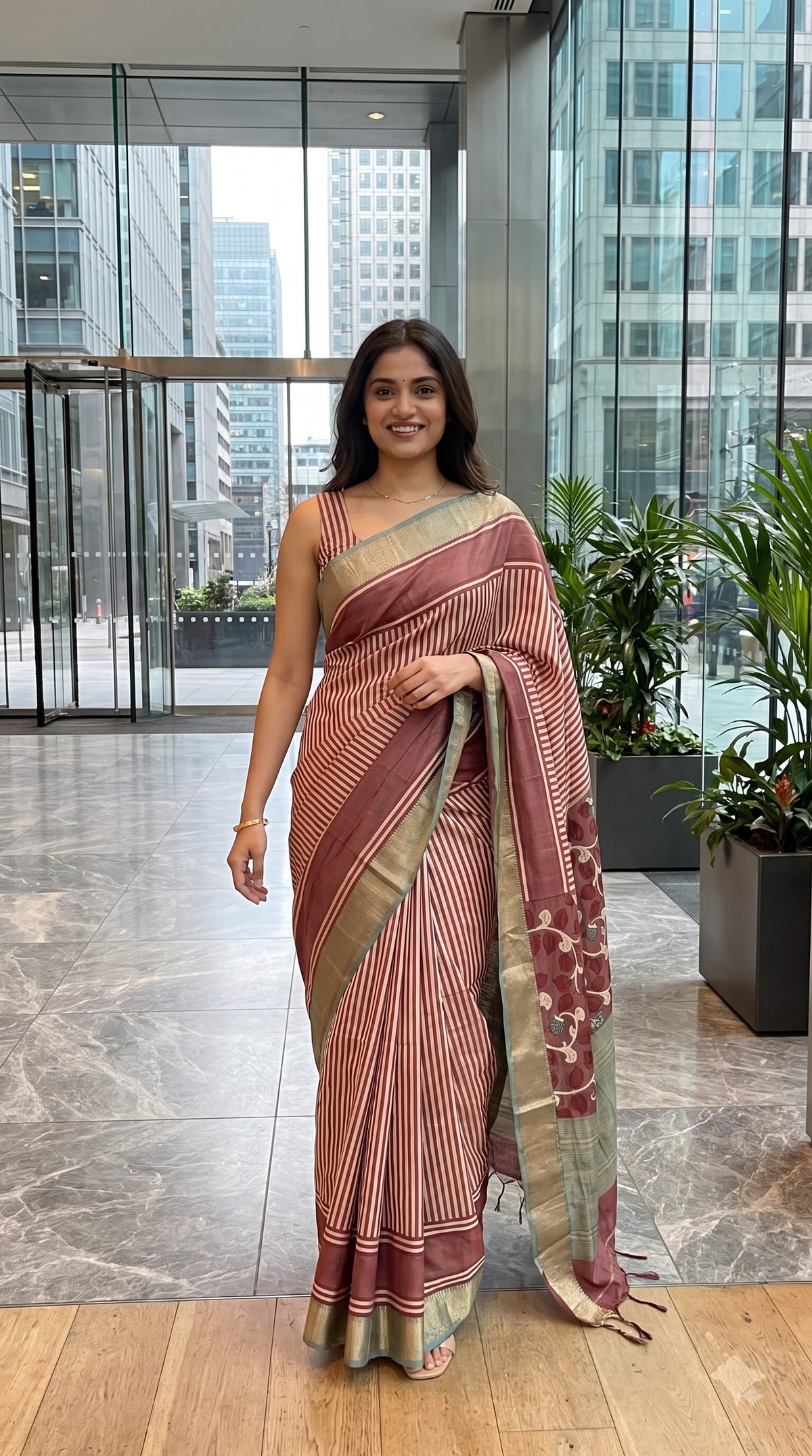 Silk with Stripes & Kalamkari Pallu - Brown