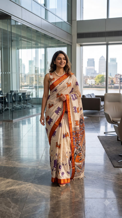 Pichwai Kalamkari Silk Saree with Border - Beige with Red