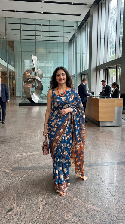 Kalamkari Printed Silk Saree - Blue with Orange
