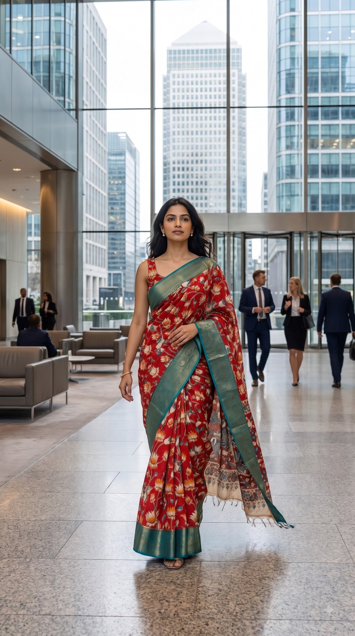 Kanchi Border Kalamkari Silk Saree - Red with Teal