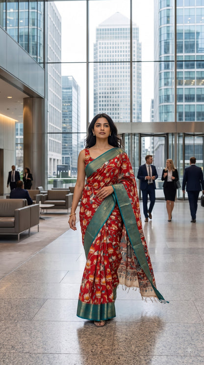 Kanchi Border Kalamkari Silk Saree - Red with Teal