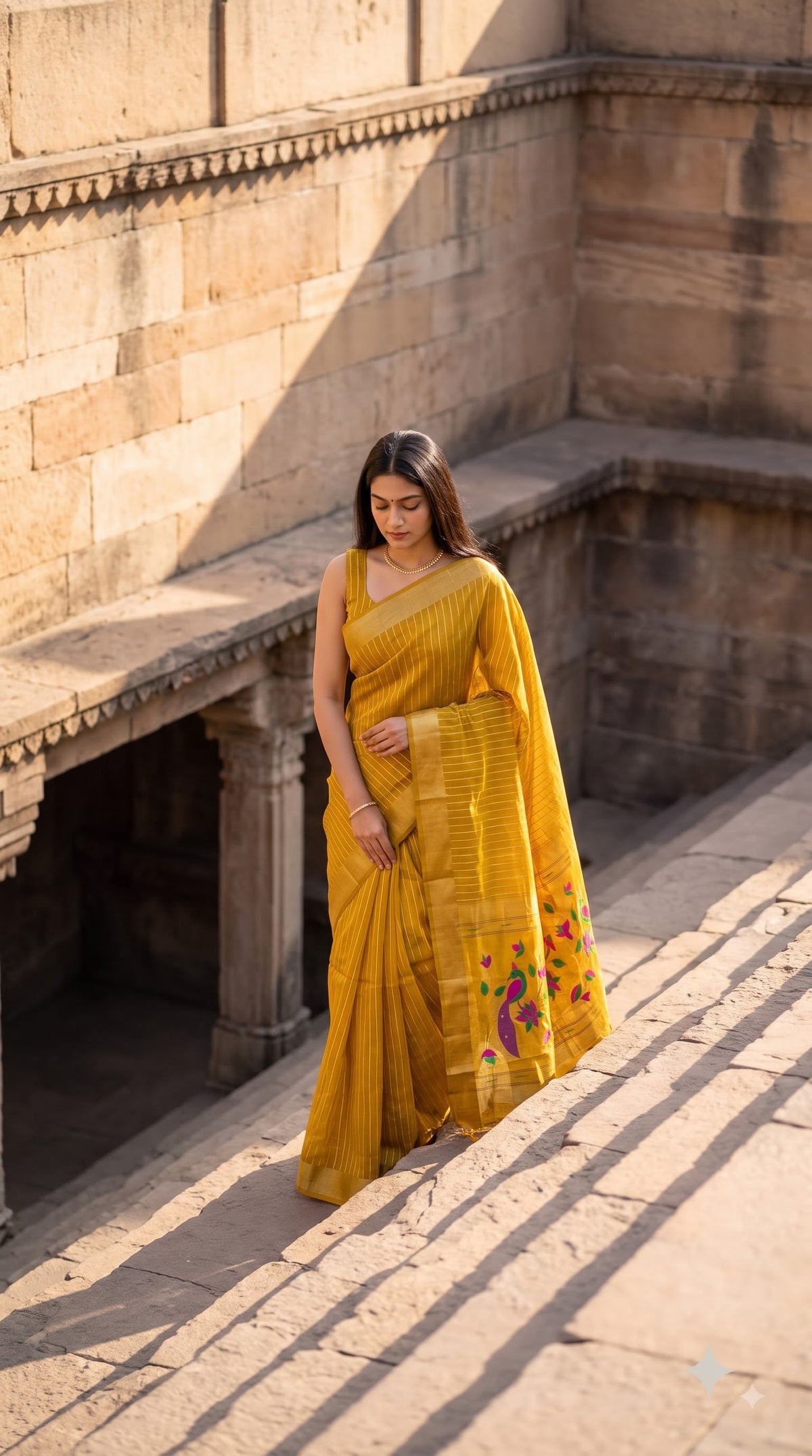 Organza Saree with Paithani Pallu - Yellow Gold