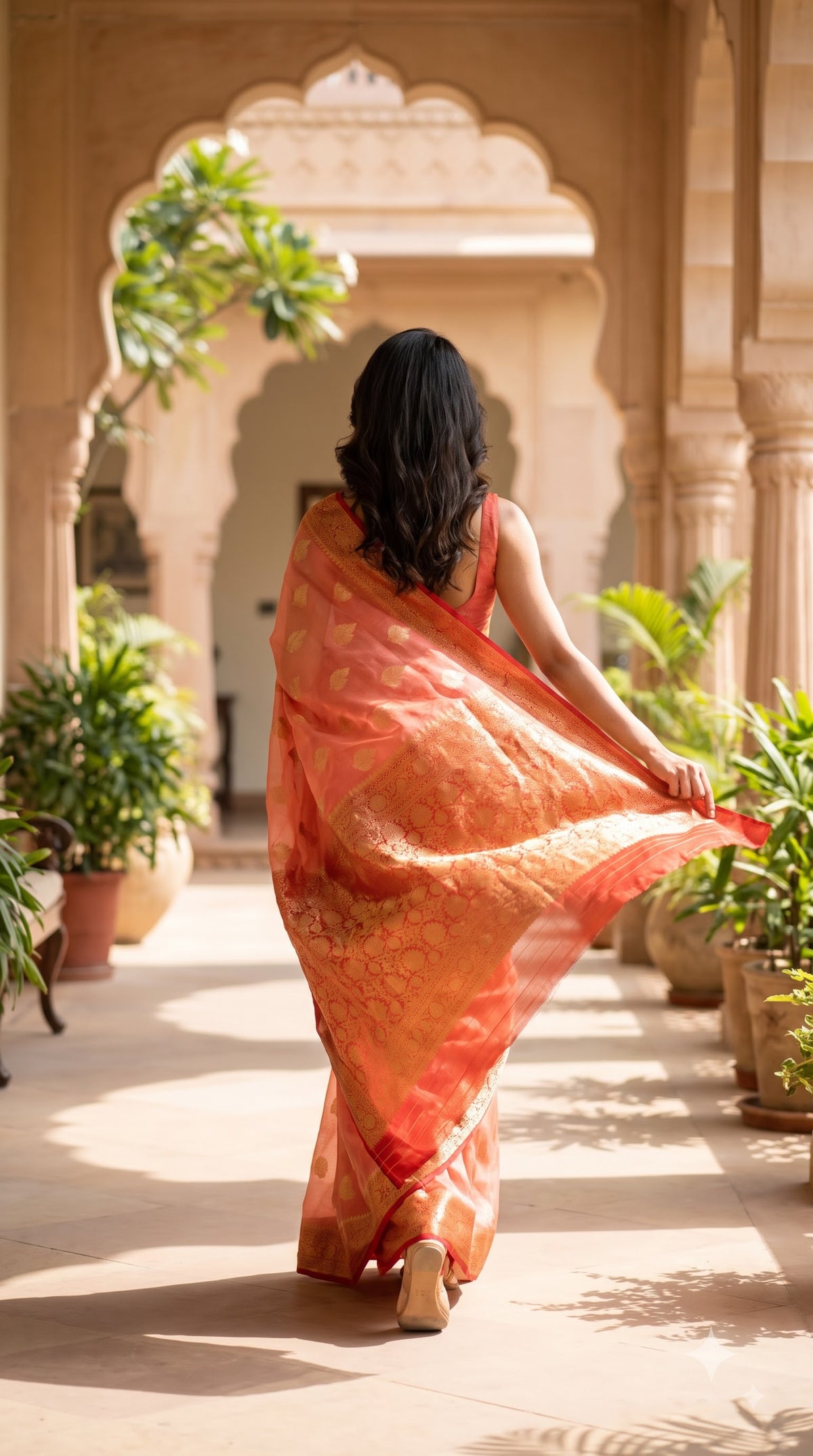 Georgette Banarasi with Contrast Border-Peach