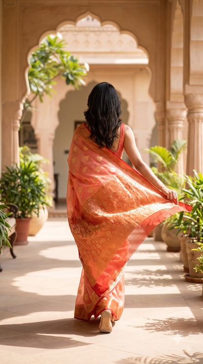 Georgette Banarasi with Contrast Border-Peach