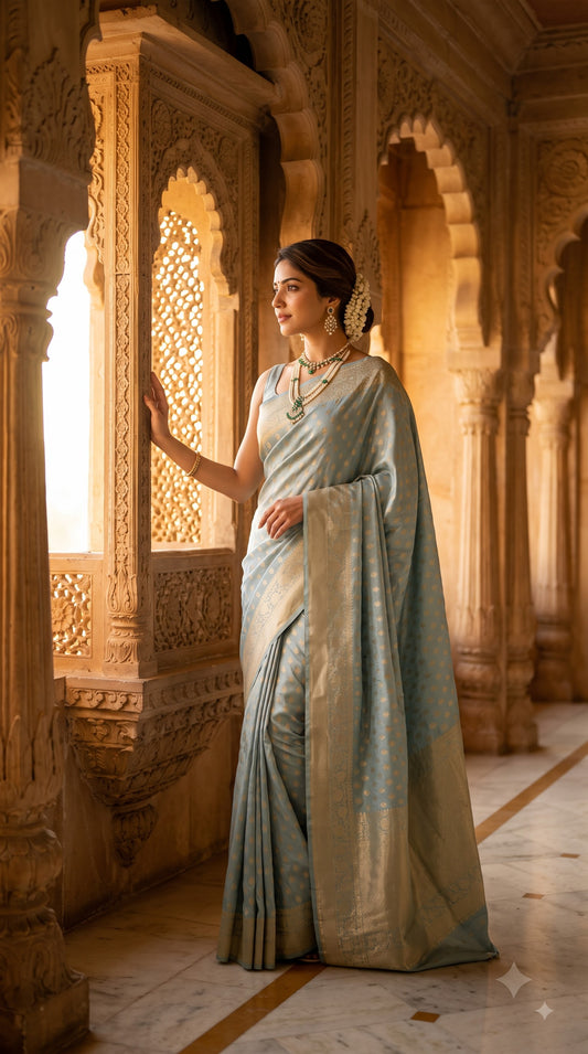 Crepe Banarasi Saree with Butta-Sky Blue