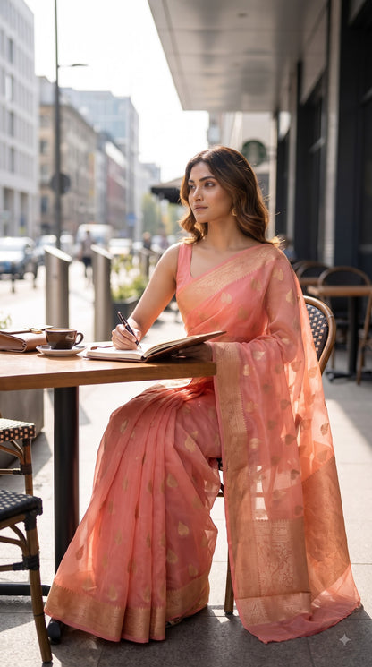 Georgette Saree with Banarsi Border-Peach