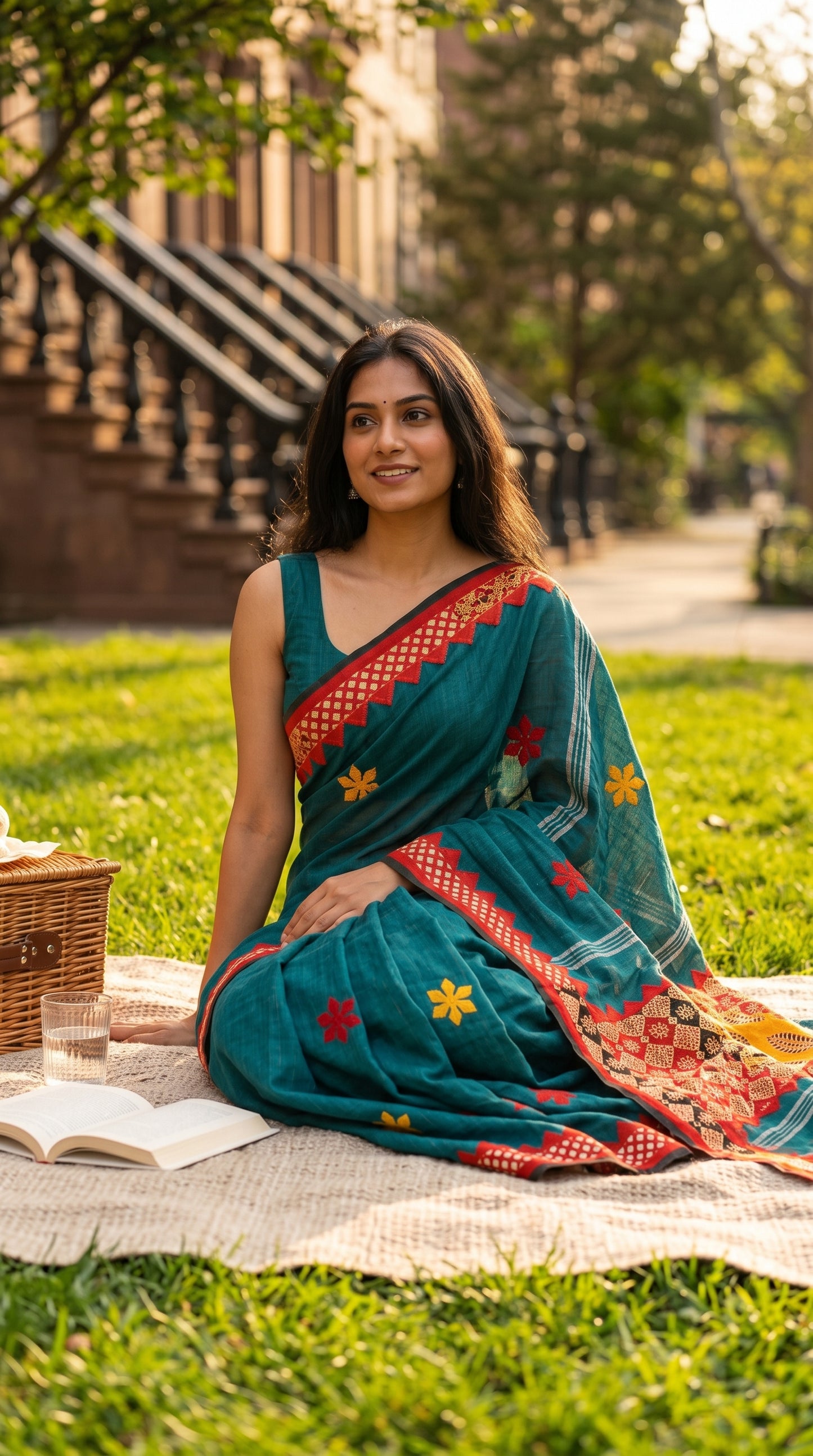 Model sitting on a picnic mat in a grassy park next to a wicker basket, beautifully showcasing the soft texture, clean pleats, and vibrant red border patterns of a teal linen blend saree