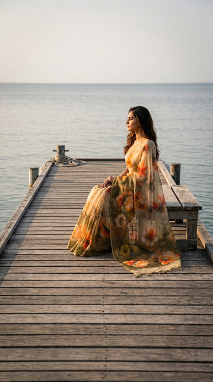 A woman sitting gracefully at the end of a wooden pier over calm waters, wearing a sheer olive green floral printed chiffon saree