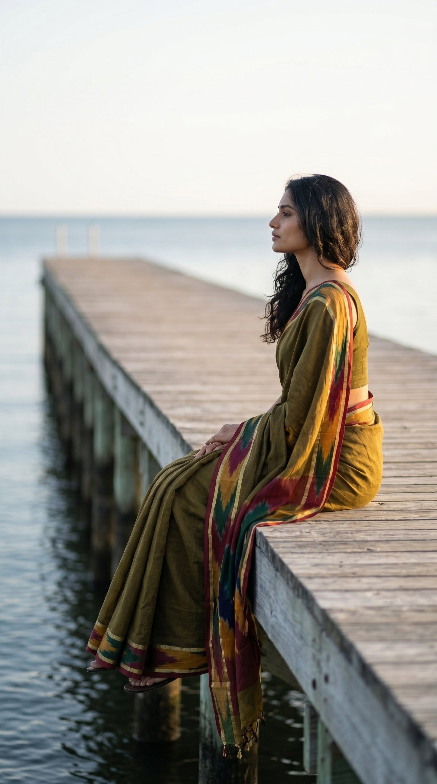 Woman sitting on a wooden dock by the water wearing a Handloom Cotton Saree with Ikat Border – Mehndi Green saree.