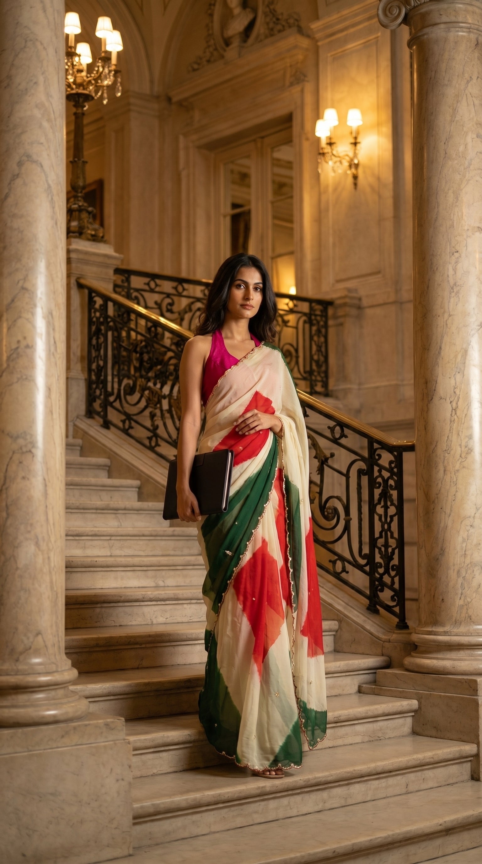 Model posing on a grand marble staircase next to a pillar, draped elegantly in an ivory, green, and crimson red chiffon saree