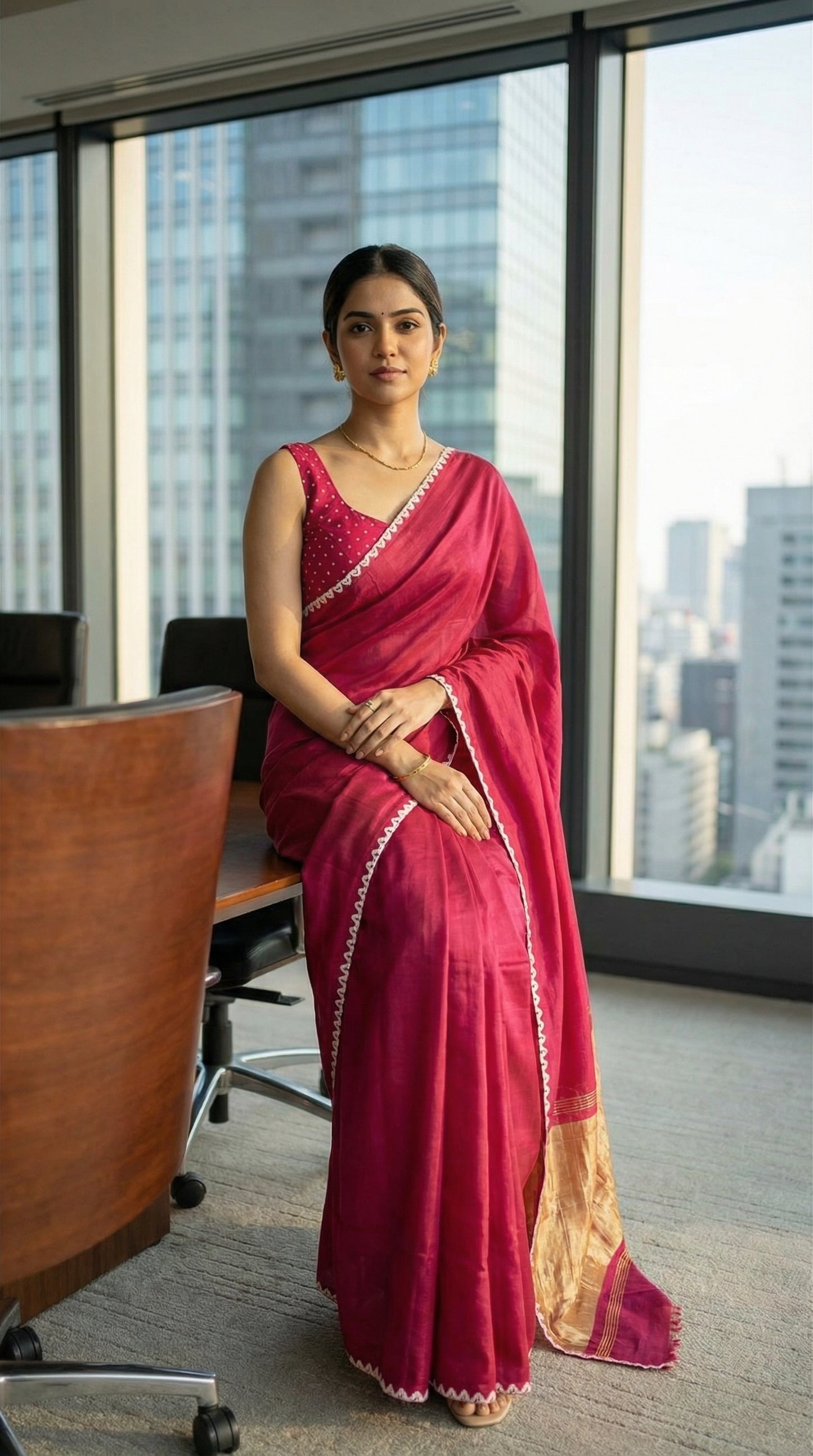 Woman in a Pink Modal Silk Saree with Lagdi Patta Pallu saree with white border, standing in an office with large windows showing a cityscape.