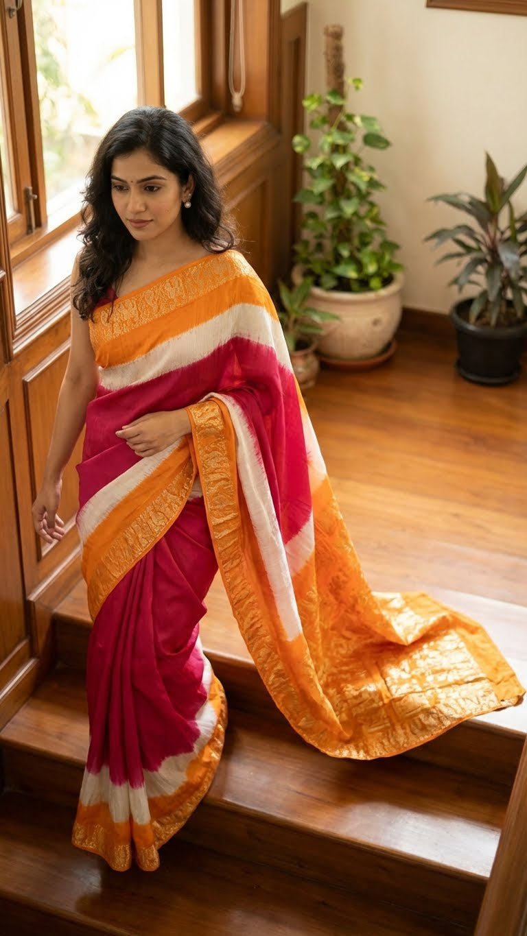 Woman in a pink & mustard modal silk saree with zari work walking down on a wooden staircase with plants in the background.