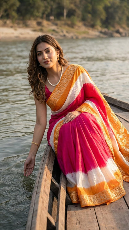 Woman in a pink & mustard modal silk saree with zari work sitting on a wooden boat by a body of water.