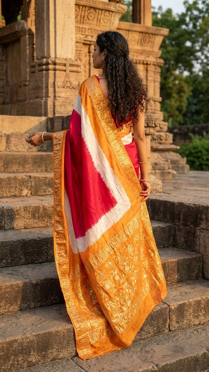 Woman in a pink & mustard modal silk saree with zari work standing on stone steps with ancient architecture in the background.
