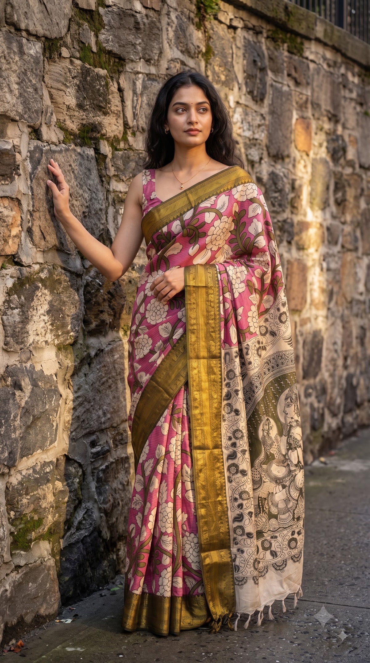 Kanchi Border Kalamkari Silk Saree - Pink with Green