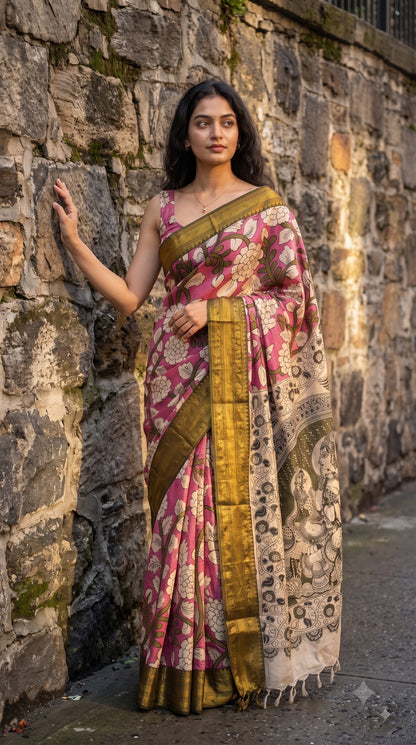 Kanchi Border Kalamkari Silk Saree - Pink with Green