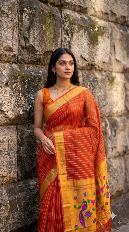 Organza Saree with Paithani Pallu - Orange