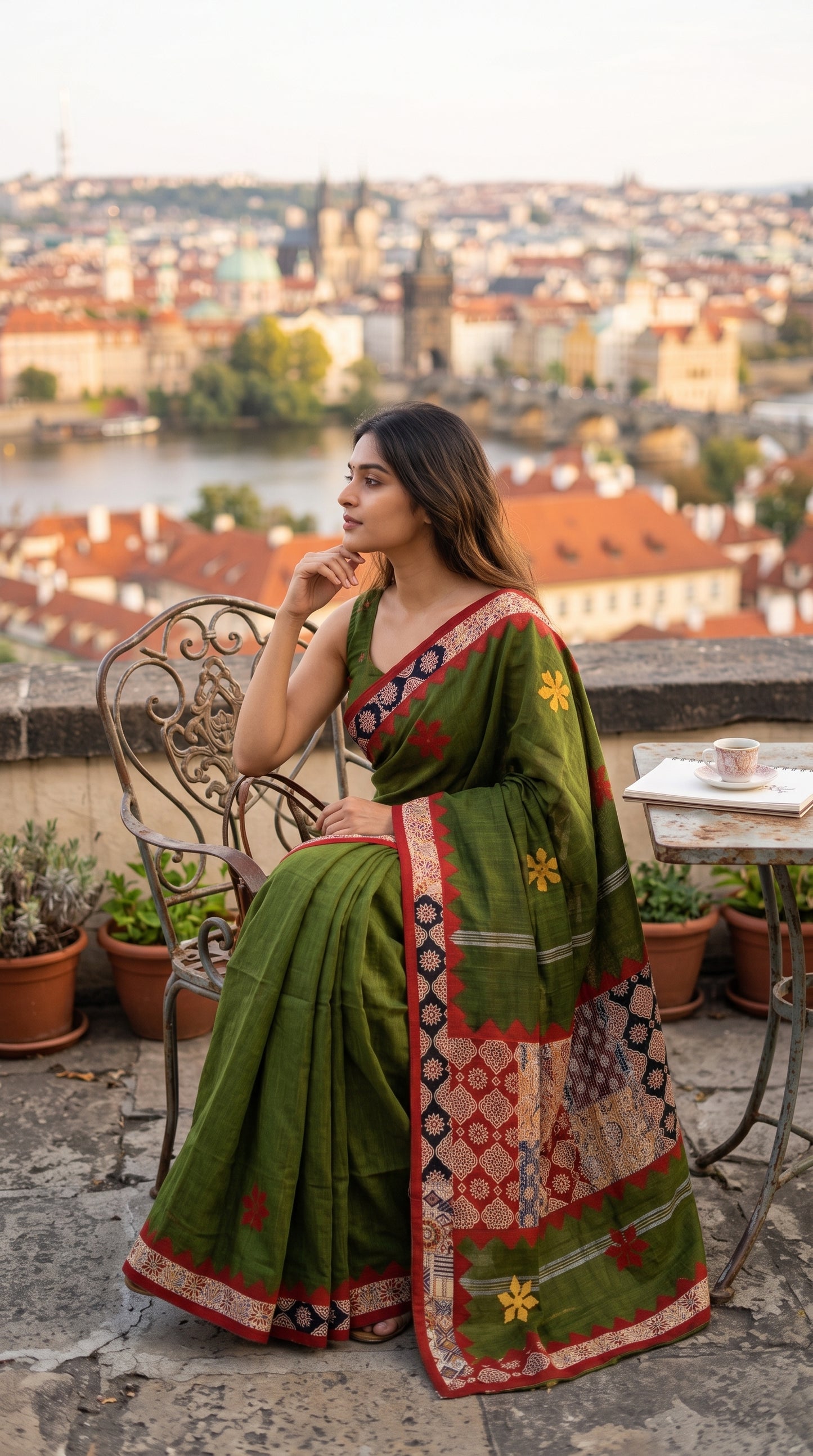 Model seated comfortably on a terrace chair overlooking a historic European city skyline, beautifully displaying the fluid fall and crisp applique borders of an olive green linen blend saree