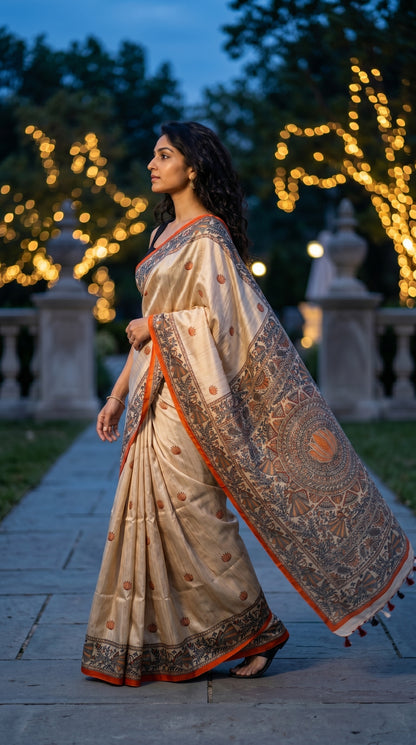 Full-length side profile of a model walking down a stone path at twilight, highlighting the crisp drape and orange borders of a Madhubani silk saree