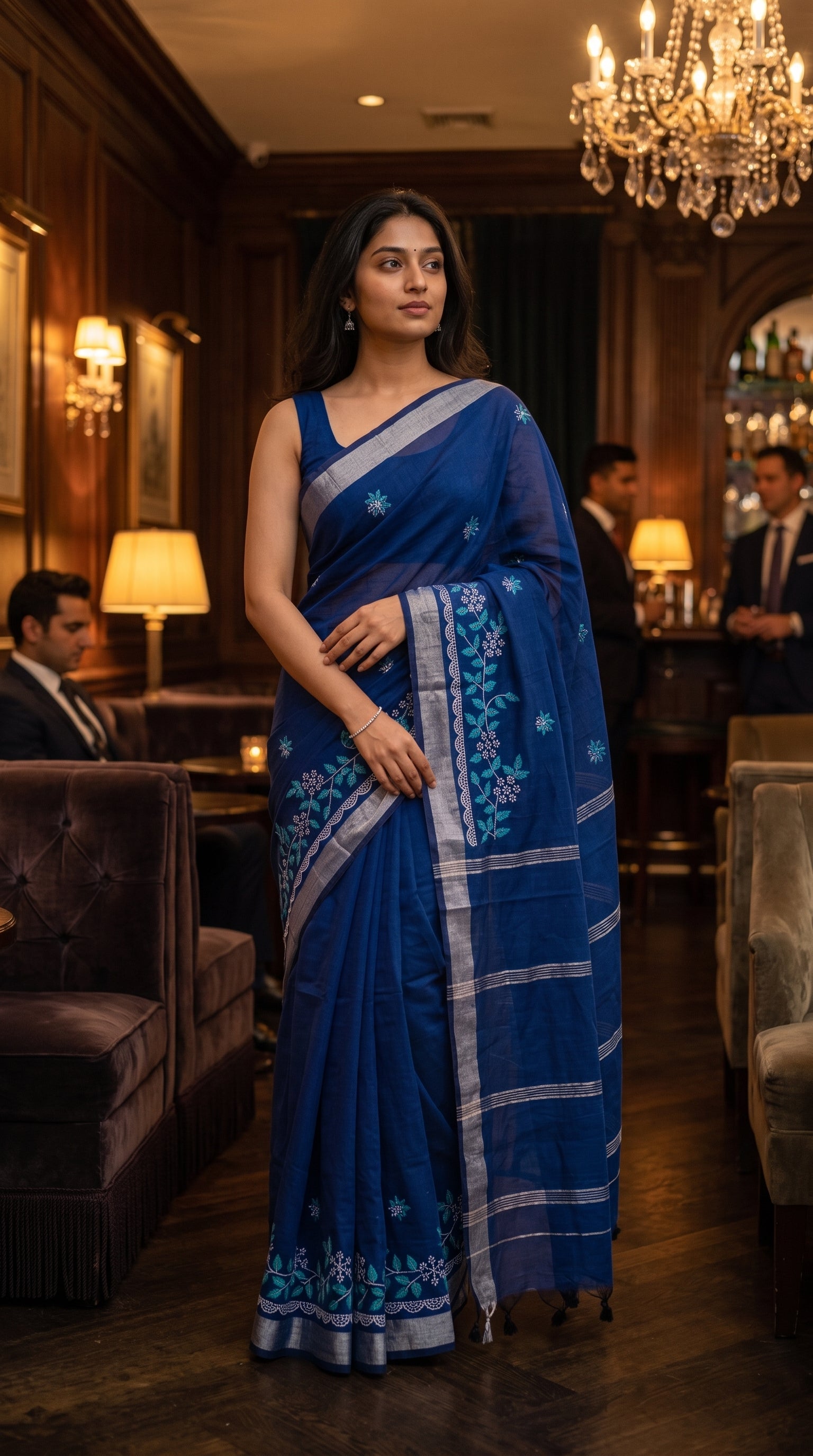 Model standing gracefully inside a dimly lit wood-paneled lounge beneath a chandelier, showcasing the silver Zari border and intricate floral embroidery of a blue cotton linen saree
