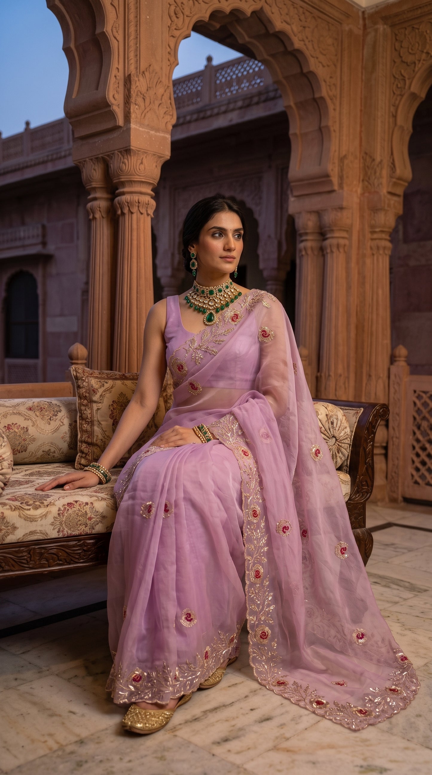 Model seated gracefully on a patterned antique settee against a backdrop of carved palace pillars, beautifully spreading out the heavy, scalloped floral pallu of her lilac pure organza saree