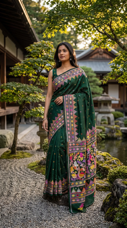 Pure Silk Saree with Kantha-Stitched - Green
