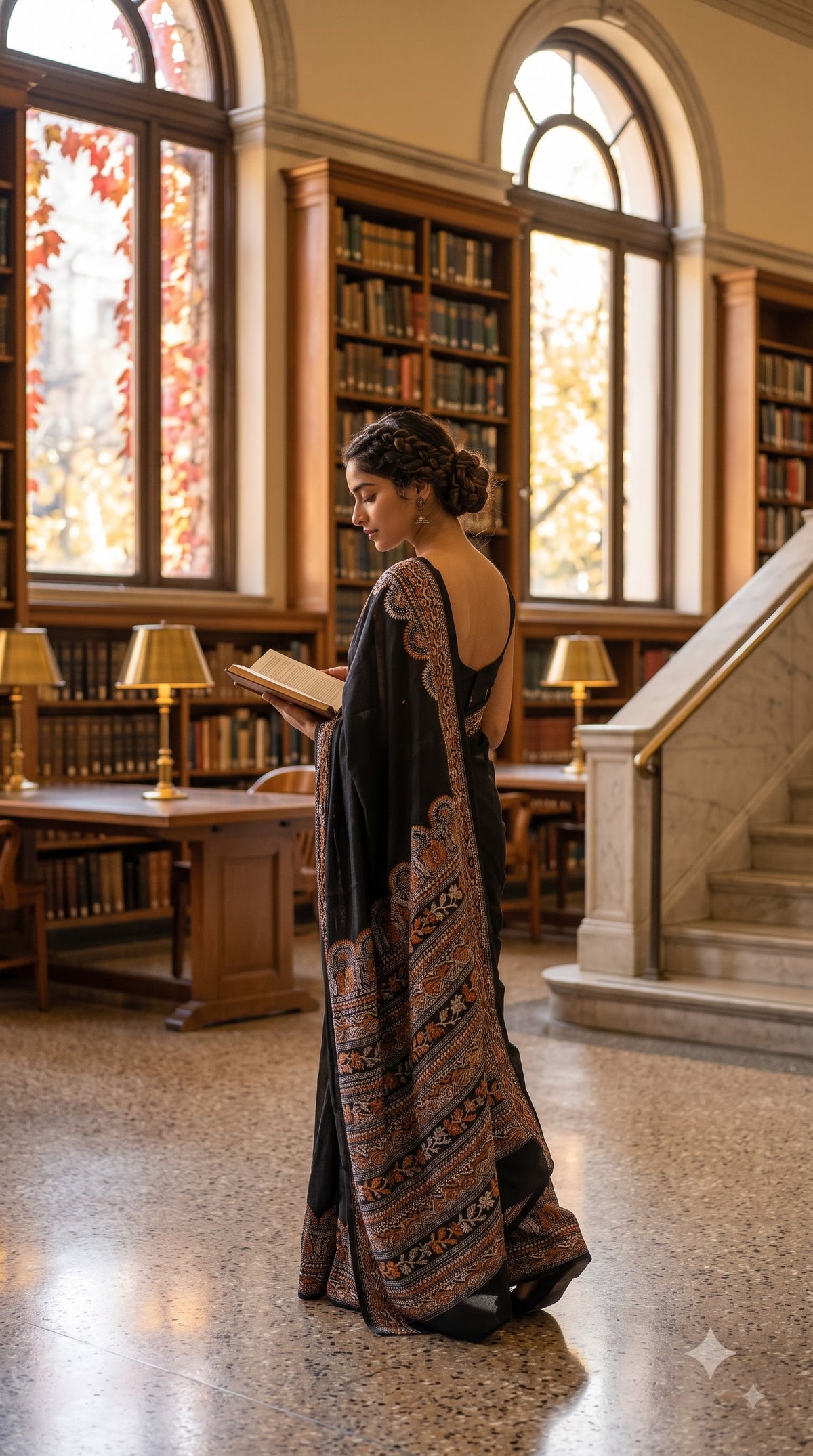 Pure Art Malai Silk Saree with Kantha-Stitched - Black